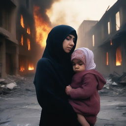 A mother wearing a hijab with a crying and injured child in a destroyed, burning city