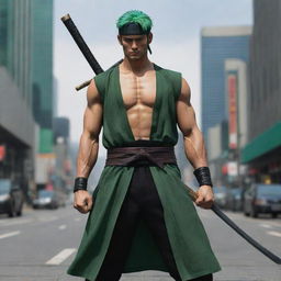 A realistic, human interpretation of Roronoa Zoro from One Piece, an athletic man with green hair and three katanas, dressed in a classic samurai outfit, standing strong and defiant in a bustling, modern cityscape.