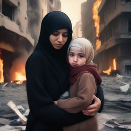 A mother wearing a hijab with a crying and injured child in a destroyed, burning city