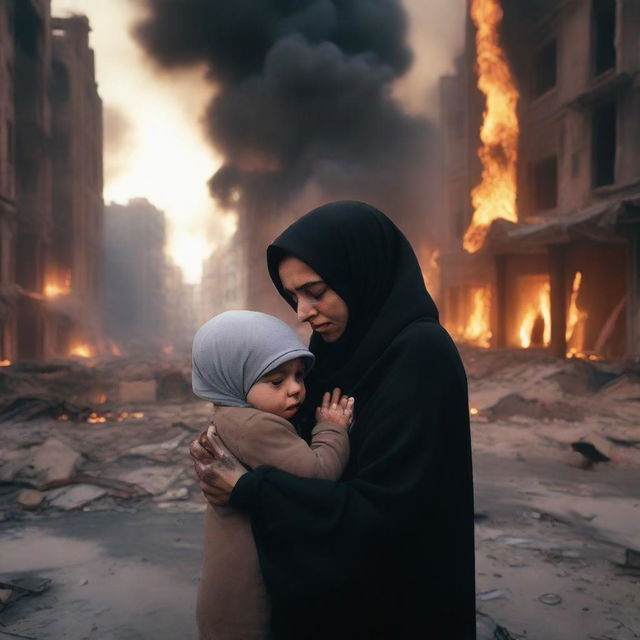 A mother wearing a hijab with a crying and injured child in a destroyed, burning city