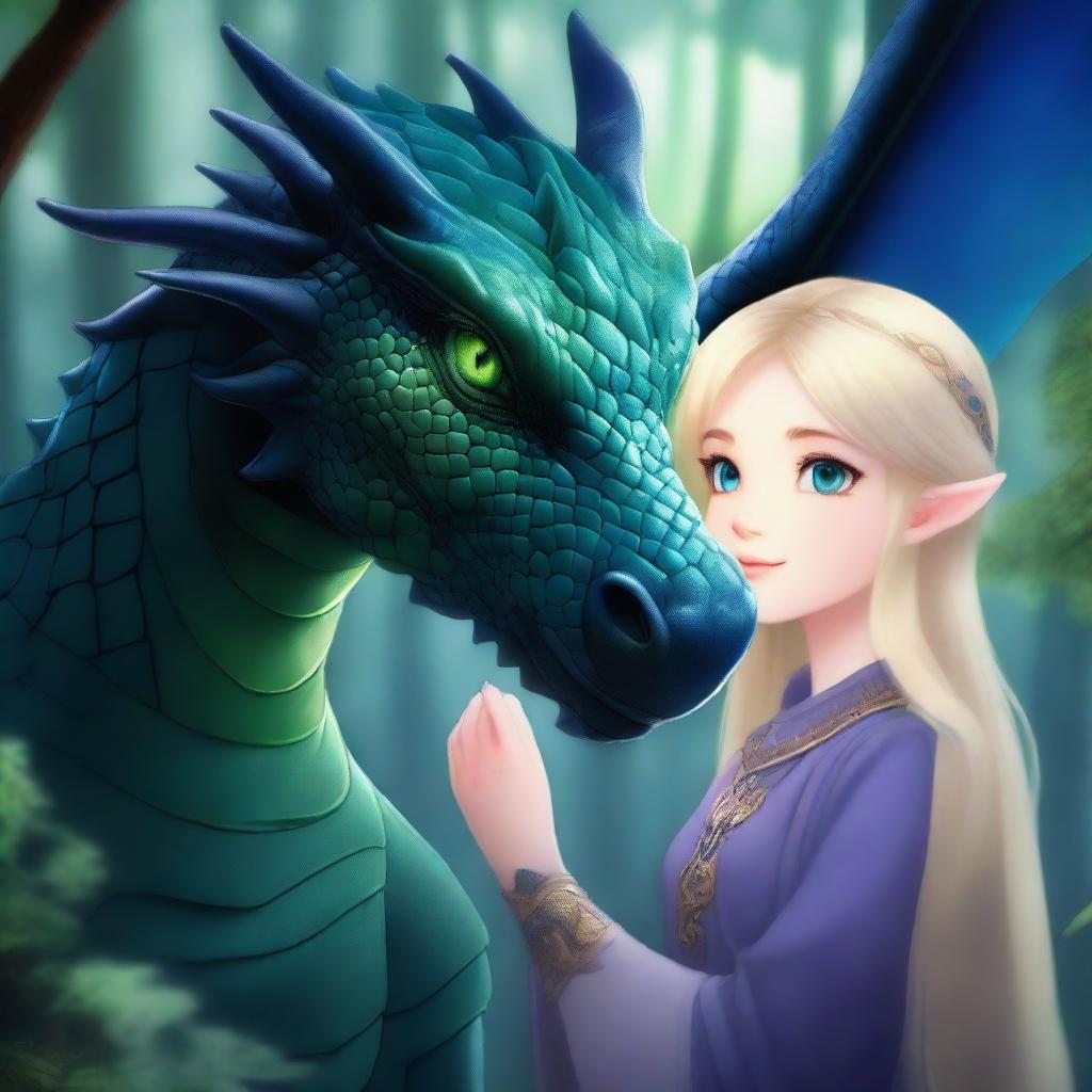 A captivating scene of a blonde girl with green eyes taming a black dragon with blue shimmering scales