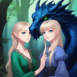 A captivating scene of a blonde girl with green eyes taming a black dragon with blue shimmering scales