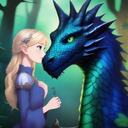 A captivating scene of a blonde girl with green eyes taming a black dragon with blue shimmering scales