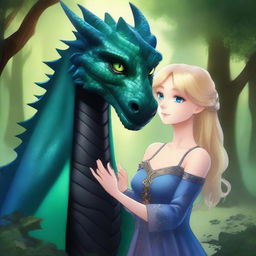 A captivating scene of a blonde girl with green eyes taming a black dragon with blue shimmering scales