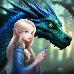 A realistic depiction of a blonde girl with green eyes taming a black dragon with blue shimmering scales