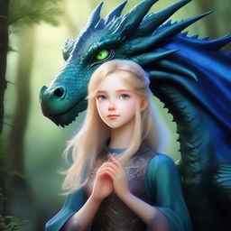 A realistic depiction of a blonde girl with green eyes taming a black dragon with blue shimmering scales