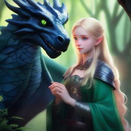 A realistic depiction of a blonde girl with green eyes taming a black dragon with blue shimmering scales