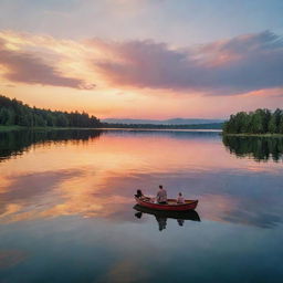 A lively scene at sunset on a serene lake, reflecting the vibrant colors of the sky. On the lake floats a small wooden boat, in which a couple enjoys a romantic picnic.