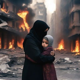 A mother wearing a hijab with a crying, injured child in torn clothes in a destroyed, burning city