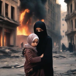 A mother wearing a hijab with a crying, injured child in torn clothes in a destroyed, burning city