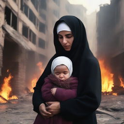 A mother wearing a hijab with a crying, injured child in torn clothes in a destroyed, burning city