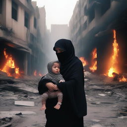 A mother wearing a hijab with a crying, injured child in torn clothes in a destroyed, burning city