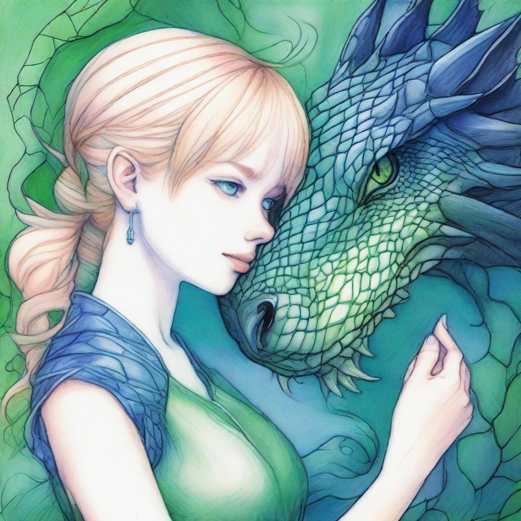 A detailed pencil drawing of a blonde girl with green eyes taming a black dragon with blue shimmering scales