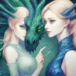 A detailed pencil drawing of a blonde girl with green eyes taming a black dragon with blue shimmering scales