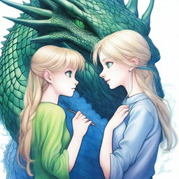 A detailed pencil drawing of a blonde girl with green eyes taming a black dragon with blue shimmering scales