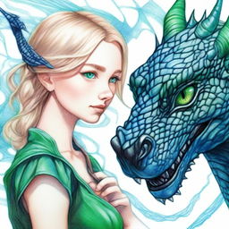 A detailed pencil drawing of a blonde girl with green eyes taming a black dragon with blue shimmering scales