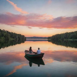 A lively scene at sunset on a serene lake, reflecting the vibrant colors of the sky. On the lake floats a small wooden boat, in which a couple enjoys a romantic picnic.