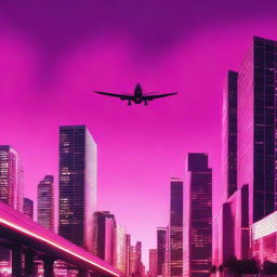 A vibrant city skyline with a plane flying overhead