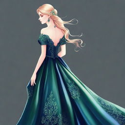 A detailed drawing of a blonde girl with green eyes wearing an elegant dark blue ball gown