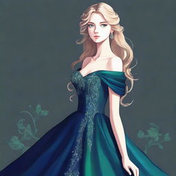 A detailed drawing of a blonde girl with green eyes wearing an elegant dark blue ball gown