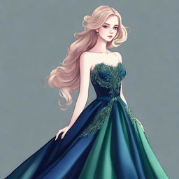 A detailed drawing of a blonde girl with green eyes wearing an elegant dark blue ball gown