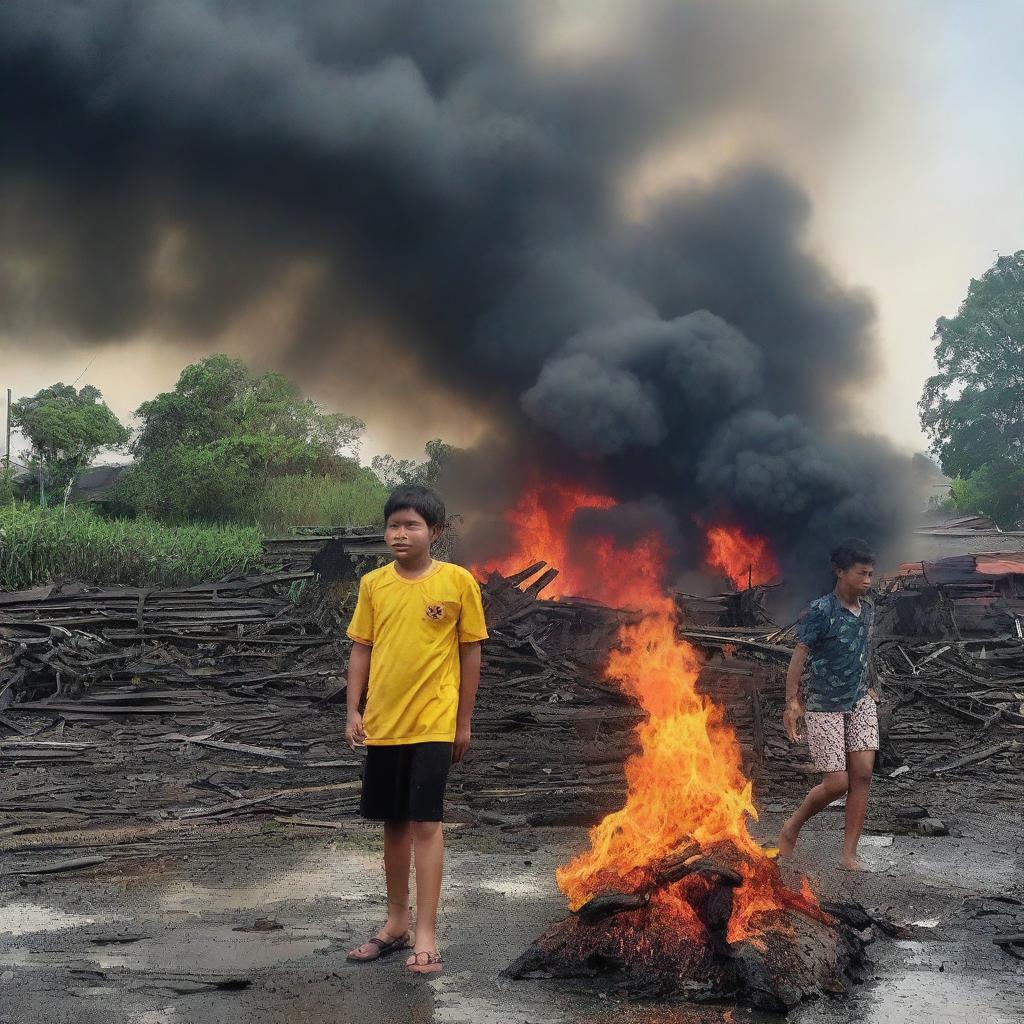 Seorang anak yang menangis dan terluka di sebuah kota yang hancur terbakar