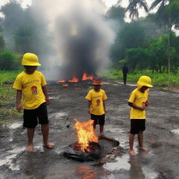 Seorang anak yang menangis dan terluka di sebuah kota yang hancur terbakar