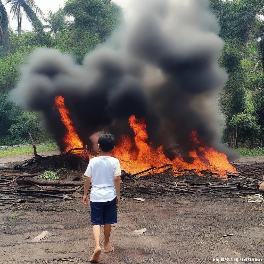 Seorang anak yang menangis dan terluka di sebuah kota yang hancur terbakar