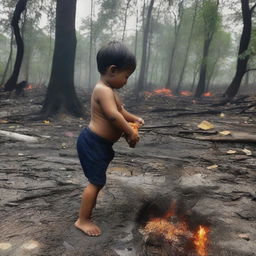 Seorang anak yang menangis dan terluka di sebuah kota yang hancur terbakar