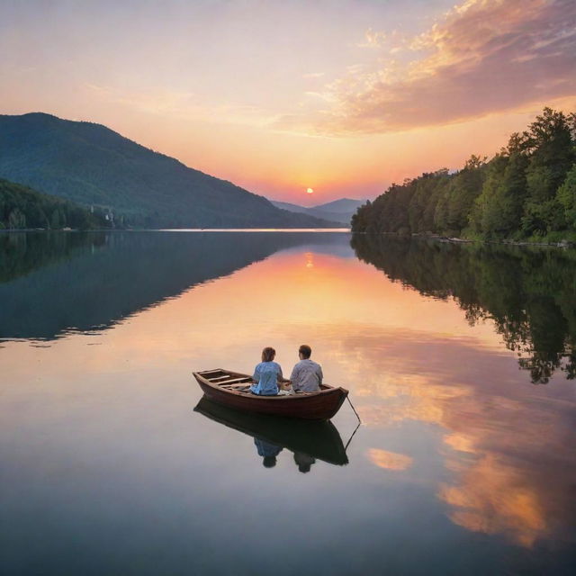 A lively scene at sunset on a serene lake, reflecting the vibrant colors of the sky. On the lake floats a small wooden boat, in which a couple enjoys a romantic picnic.