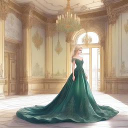 A detailed drawing of a blonde girl with green eyes wearing a night blue ball gown inside a grand castle