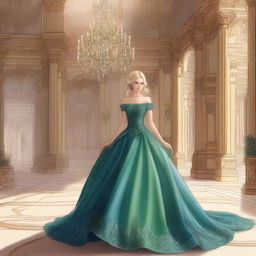 A detailed drawing of a blonde girl with green eyes wearing a night blue ball gown inside a grand castle