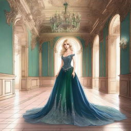 A detailed drawing of a blonde girl with green eyes wearing a night blue ball gown inside a grand castle