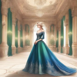 A detailed drawing of a blonde girl with green eyes wearing a night blue ball gown inside a grand castle