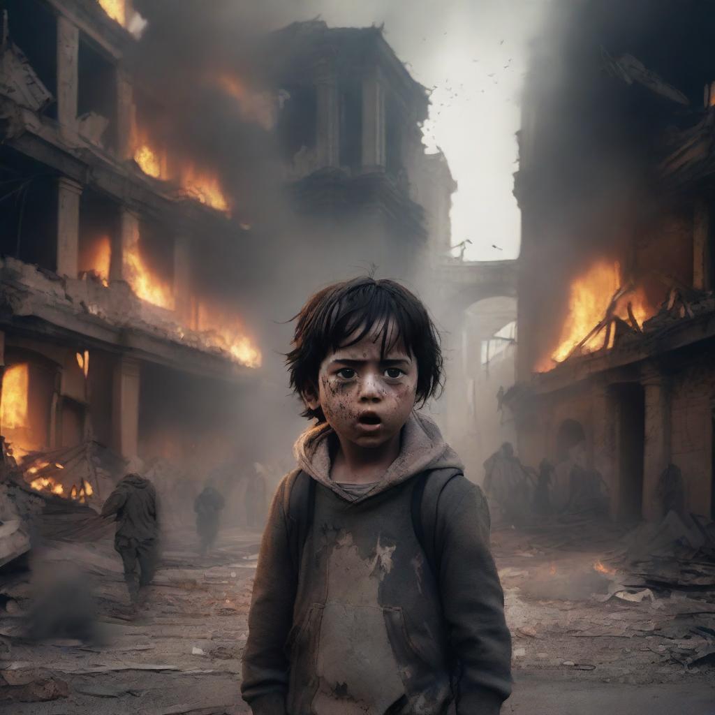 A child crying and injured because their city is destroyed and burning