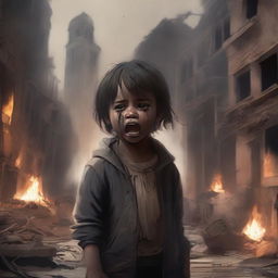 A child crying and injured because their city is destroyed and burning