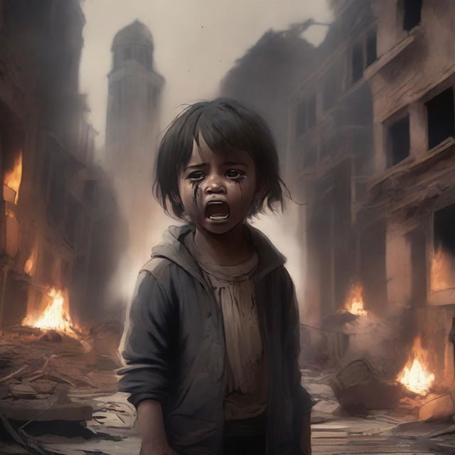 A child crying and injured because their city is destroyed and burning