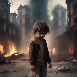 A child crying and injured because their city is destroyed and burning