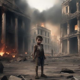 A child crying and injured because their city is destroyed and burning