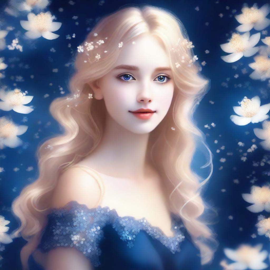 A portrait of a blonde girl wearing a night blue dress