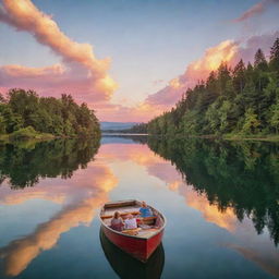 A lively scene at sunset on a serene lake, reflecting the vibrant colors of the sky. On the lake floats a small wooden boat, in which a couple enjoys a romantic picnic.