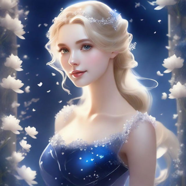 A portrait of a blonde girl wearing a night blue dress