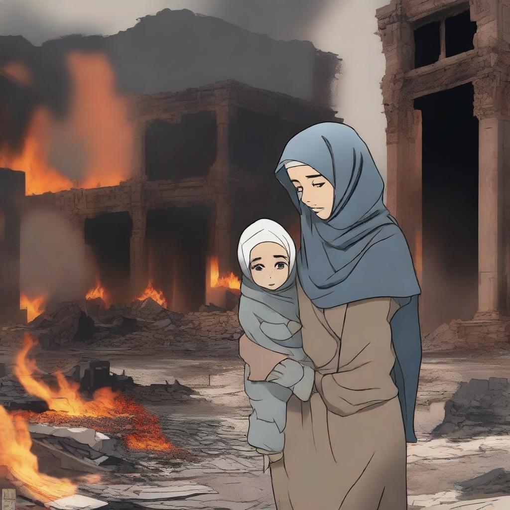 A child and a mother wearing a hijab, both crying and injured because their city is destroyed and burning