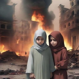 A child and a mother wearing a hijab, both crying and injured because their city is destroyed and burning