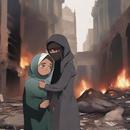 A child and a mother wearing a hijab, both crying and injured because their city is destroyed and burning