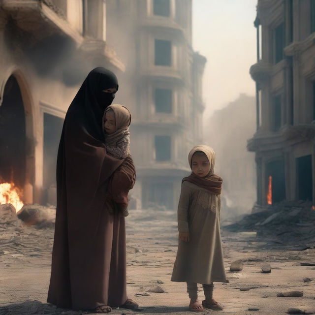 A child and a mother wearing a hijab, both crying and injured because their city is destroyed and burning