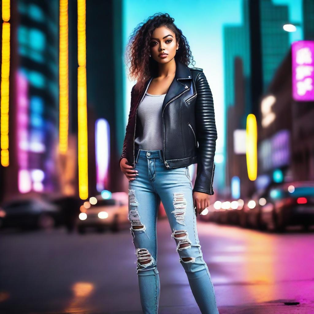 A stylish and confident woman standing in an urban setting