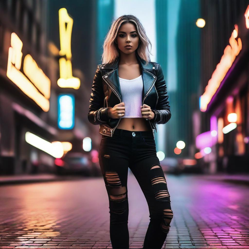 A stylish and confident woman standing in an urban setting