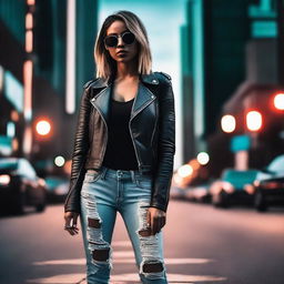 A stylish and confident woman standing in an urban setting