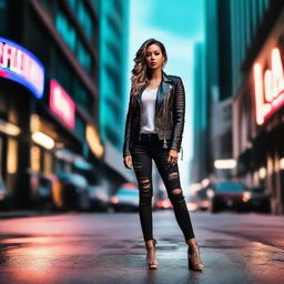 A stylish and confident woman standing in an urban setting